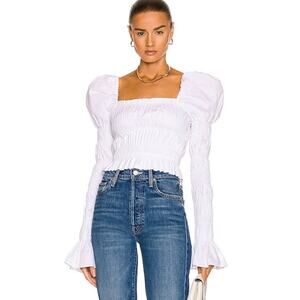 Caroline Constas Delilah Top White Size Large Long Sleeve Puff Shoulders Smocked